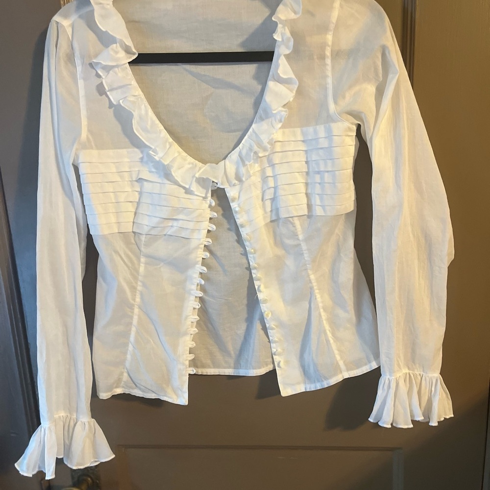 Anne Fontaine White Ruffled Bell Sleeve Blouse